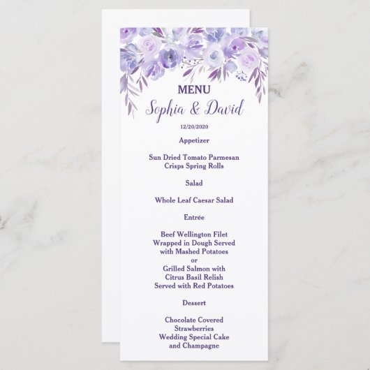 Lichtpaarse stoffige blauwe bloemige trouwmenu menu (Voorkant / Achterkant)