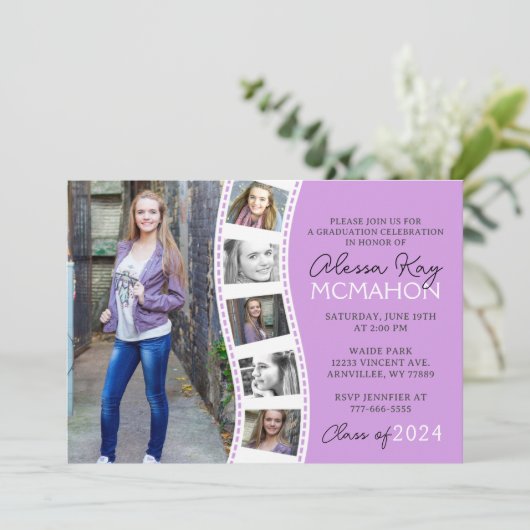 Lichtpaarse & Witte Filmstrook 6 Foto Afstudeercer Kaart (Staand voorkant)