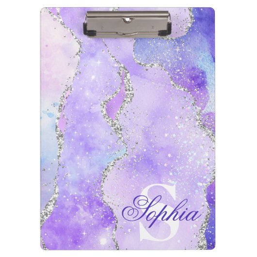 Lichtpaarse & Zilveren Nep Glitter Agate Monogram Klembord (Voorkant)