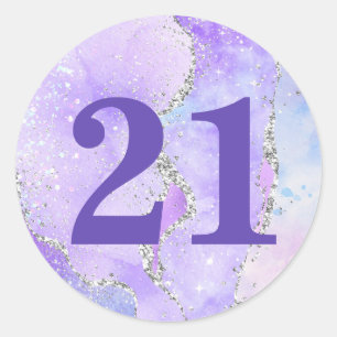 Lichtpaarse & Zilveren Nep Glitter Agate Verjaarda Ronde Sticker