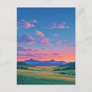Lichtrijke zonsondergang boven glooiende groene he briefkaart