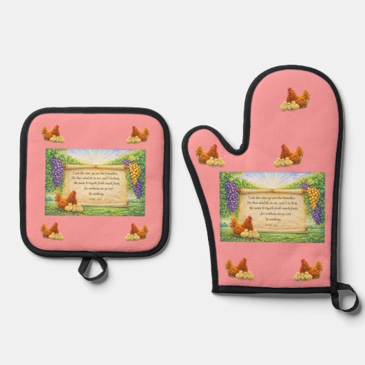 Lichtrode ovenwant en pannenlapper set met Bijbelt (Voorkant)
