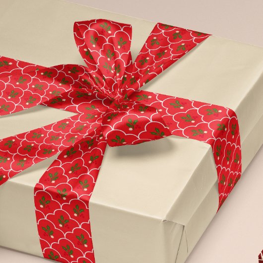 Lichtrode Scallop Holly Branch Bessen Kerstmis Satijnen Lint