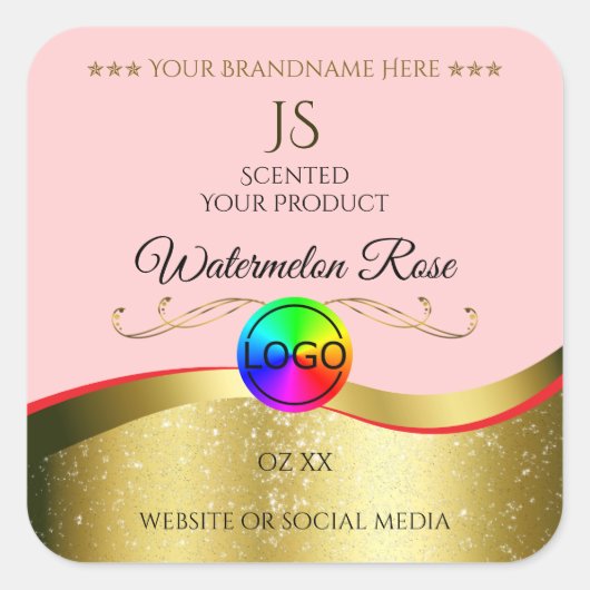 Lichtrood Wavy Gold Logo Monogram Productlabel Vierkante Sticker (Voorkant)