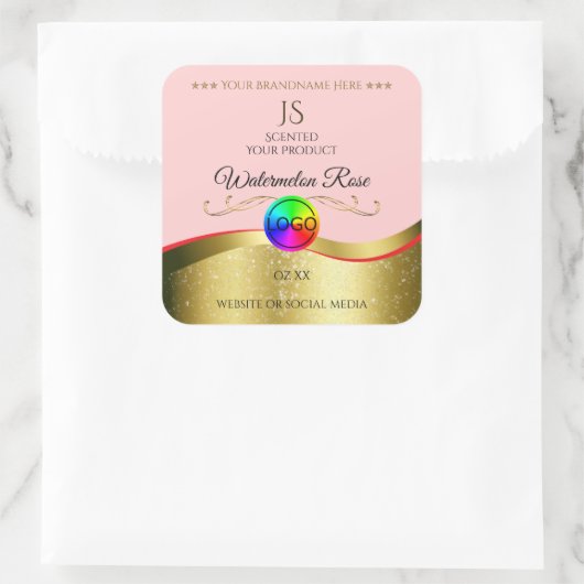 Lichtrood Wavy Gold Logo Monogram Productlabel Vierkante Sticker (Tas)