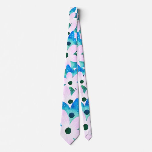 Lichtroze Aqua Blue en Turquoise Floral Motif Stropdas (Voorkant)