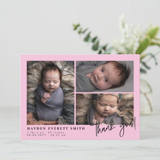 Lichtroze Baby fotocollage nieuwe baby dank u Aankondiging (Staand voorkant)
