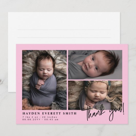 Lichtroze Baby fotocollage nieuwe baby dank u Aankondiging (Voorkant / Achterkant)