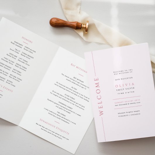Lichtroze Bat Mitzvah Vouwprogramma Brochure Programma