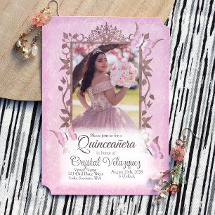 Lichtroze beige vlinders, quinceanera kaart