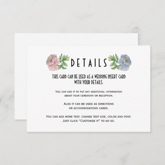 Lichtroze blauwe pioenensamenkomst details invoegk informatiekaartje (Voorkant / Achterkant)