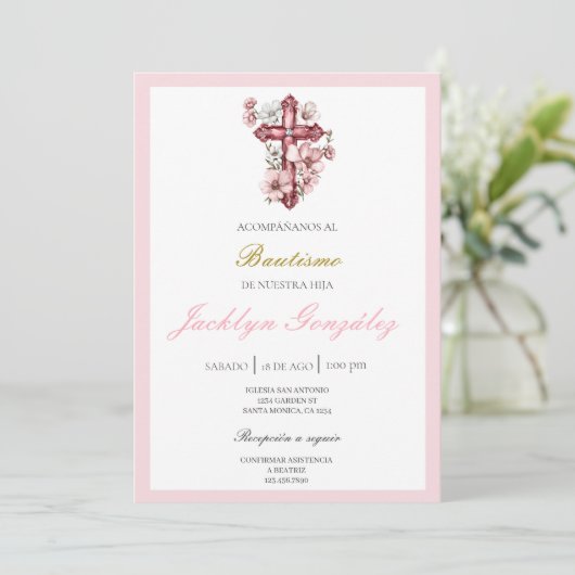 Lichtroze bloemdoop kaart (Staand voorkant)