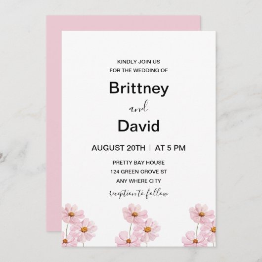 Lichtroze Bloemen Elegante Huwelijk Kaart (Voorkant / Achterkant)