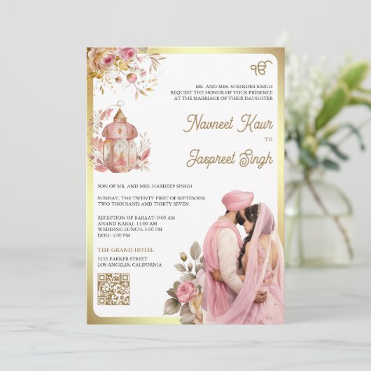 Lichtroze bloemencode QR Anand Karaj Sikhse bruilo Kaart (Staand voorkant)
