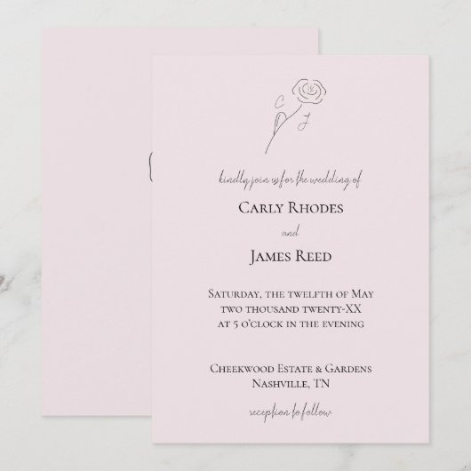 Lichtroze Bloemenlijn Kunst Monogram Bruiloft Kaart (Voorkant / Achterkant)