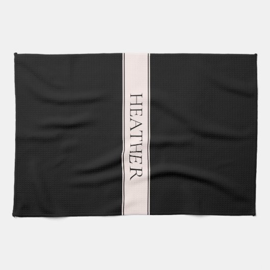 Lichtroze Blush Stripe & Elegante Bewerkbare Tekst Theedoek (Horizontaal)