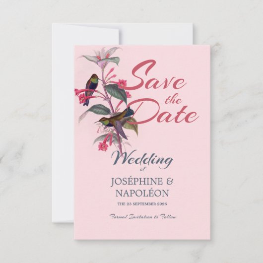Lichtroze boho art deco floral & bird save the date (Voorkant)