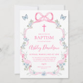 Lichtroze Bow Blauw Bloemen Wildflower Doop Kaart (Voorkant)