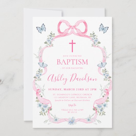 Lichtroze Bow Blauw Bloemen Wildflower Doop Kaart (Voorkant)