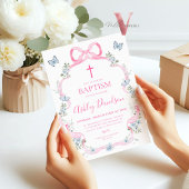 Lichtroze Bow Blauw Bloemen Wildflower Doop Kaart