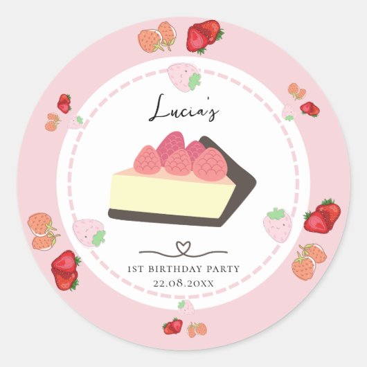 Lichtroze cake- en bessenmeisje eerste verjaardags ronde sticker (Voorkant)