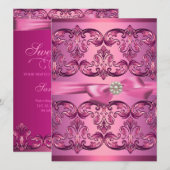 Lichtroze Damask & Bow Sweet16 Verjaardag Uitnodig Kaart (Voorkant / Achterkant)