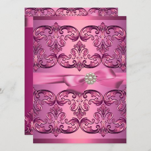 Lichtroze Damask & Bow Sweet16 Verjaardag Uitnodig Kaart (Voorkant / Achterkant)