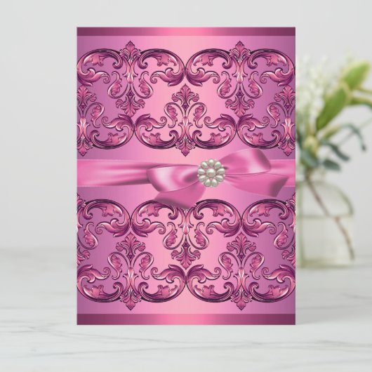 Lichtroze Damask & Bow Sweet16 Verjaardag Uitnodig Kaart (Staand voorkant)