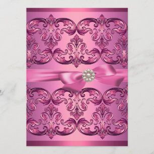 Lichtroze Damask & Bow Sweet16 Verjaardag Uitnodig Kaart