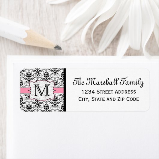 (Lichtroze) Damask Monogram Retouradreslabels Etiket (Insitu)