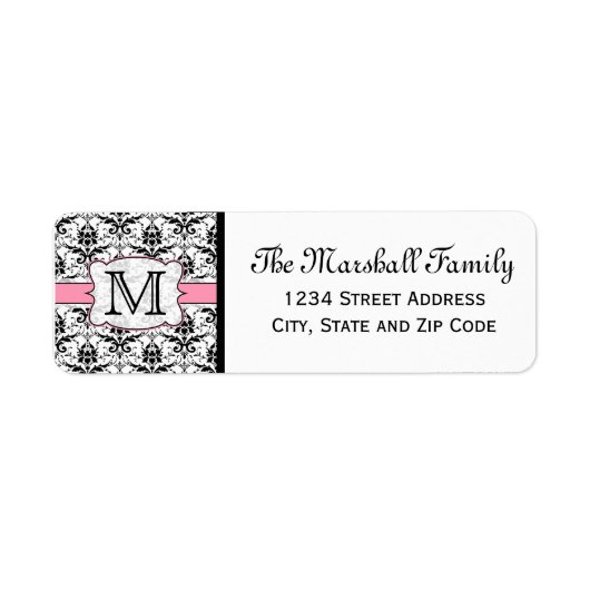 (Lichtroze) Damask Monogram Retouradreslabels Etiket (Voorkant)