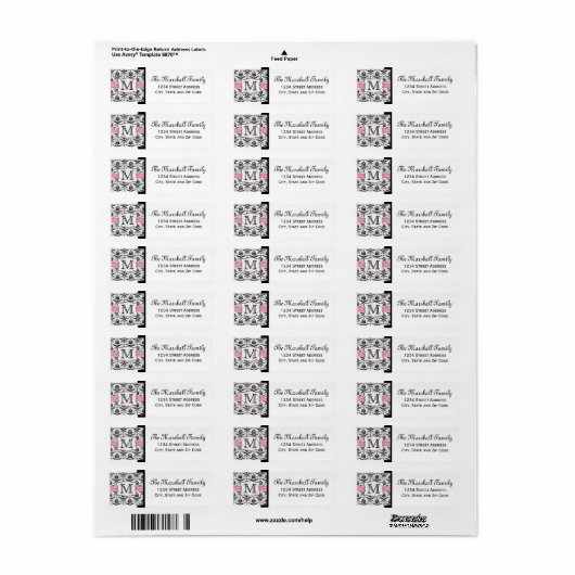 (Lichtroze) Damask Monogram Retouradreslabels Etiket (Full Sheet)