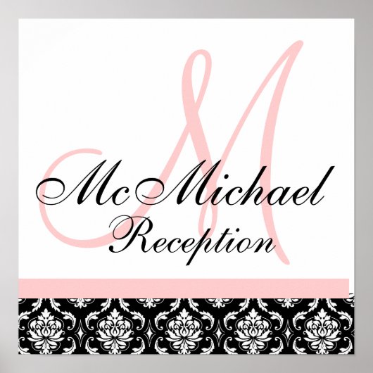 Lichtroze Damask Monogram Weddenschappen Receptie Poster (Voorkant)