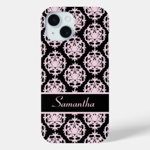 Lichtroze Damast op Zwart iPhone 15 Case
