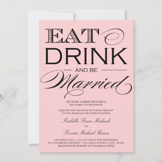 Lichtroze eet, Drink | Uitnodiging tot weddenschap (Voorkant)