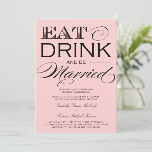 Lichtroze eet, Drink | Uitnodiging tot weddenschap (Staand voorkant)