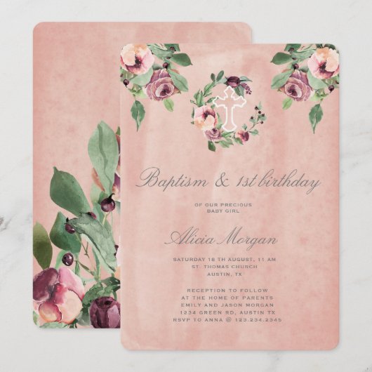 lichtroze elegant baptisme eerste verjaardag kaart (Voorkant / Achterkant)