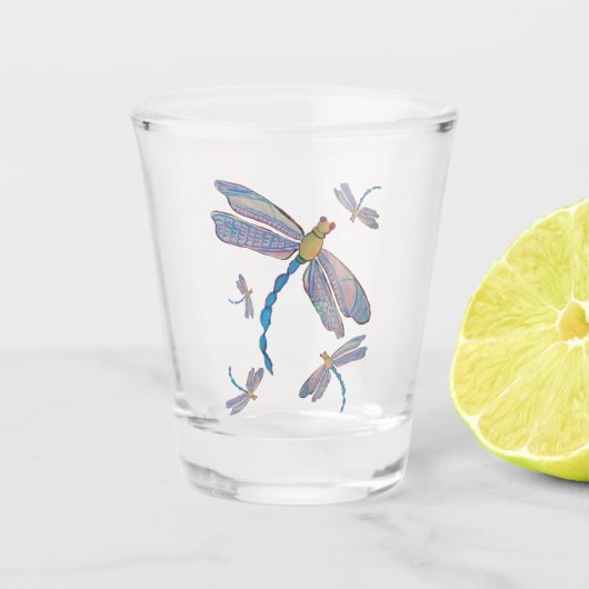 Lichtroze en blauwe vlucht van libellen shot glas (Voorkant)