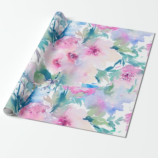 Lichtroze en blauwe waterkleurstoffen bloemen coll cadeaupapier (Uitgerold)