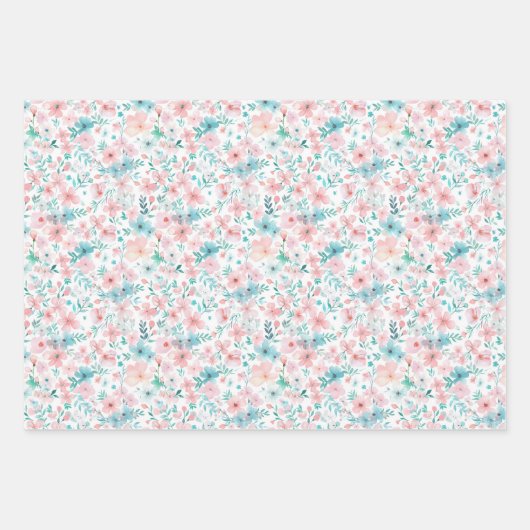 Lichtroze en Blauwgroen Waterverf Bloemenpatroon Inpakpapier Vel (Voorkant 3)