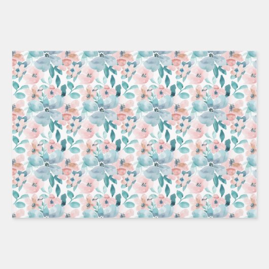 Lichtroze en Blauwgroen Waterverf Bloemenpatroon Inpakpapier Vel (Voorkant 2)