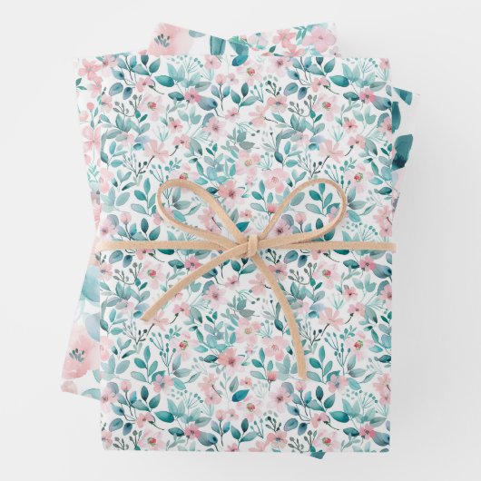 Lichtroze en Blauwgroen Waterverf Bloemenpatroon Inpakpapier Vel (In situ)