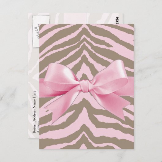Lichtroze en bruine Zebra met lint Briefkaart (Voorkant / Achterkant)