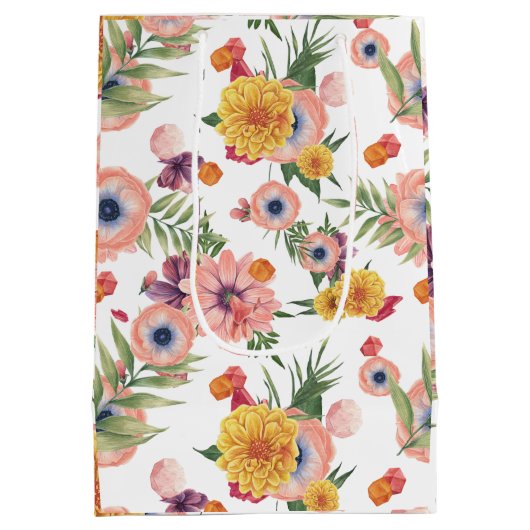 Lichtroze en geel bloemenpatroon medium cadeauzakje (Achterkant)