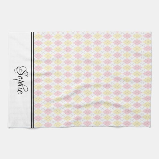 Lichtroze en geel gepersonaliseerd theedoek (Horizontaal)