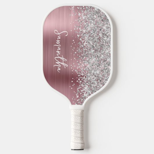 Lichtroze en Glittery Silver Glam Script Name Pickleball Paddle (Voorkant)