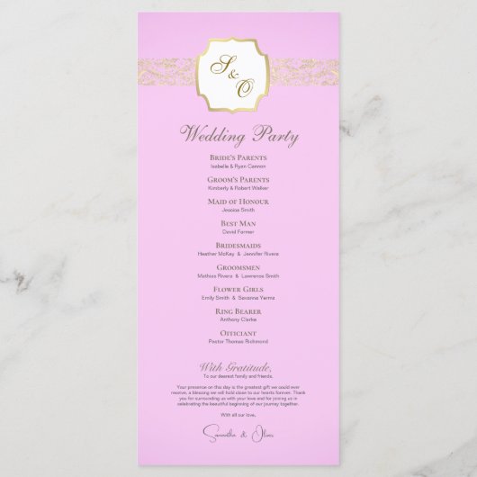 Lichtroze en goud elegant Damask huwelijksprogramm Programmakaart (Achterkant)