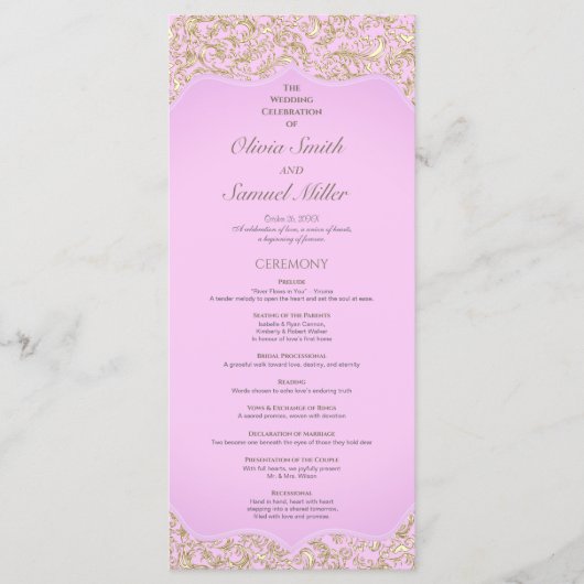 Lichtroze en goud elegant Damask huwelijksprogramm Programmakaart (Voorkant)