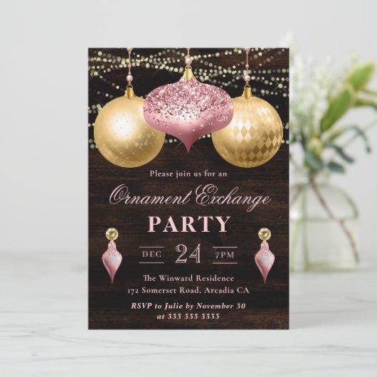 Lichtroze en gouden kerstsieromwisseling kaart (Staand voorkant)