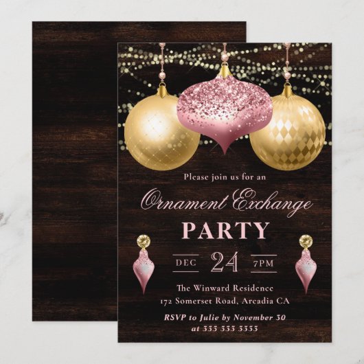 Lichtroze en gouden kerstsieromwisseling kaart (Voorkant / Achterkant)